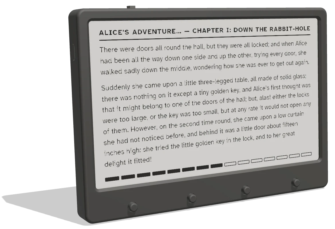 A LibrePad: a black 3D-printed reader with a 7.5-inch e-paper screen showing a page of Alice's Adventures in Wonderland, and four buttons below the screen